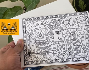 Madhubani greeting card of Elephant colour it yourself.
