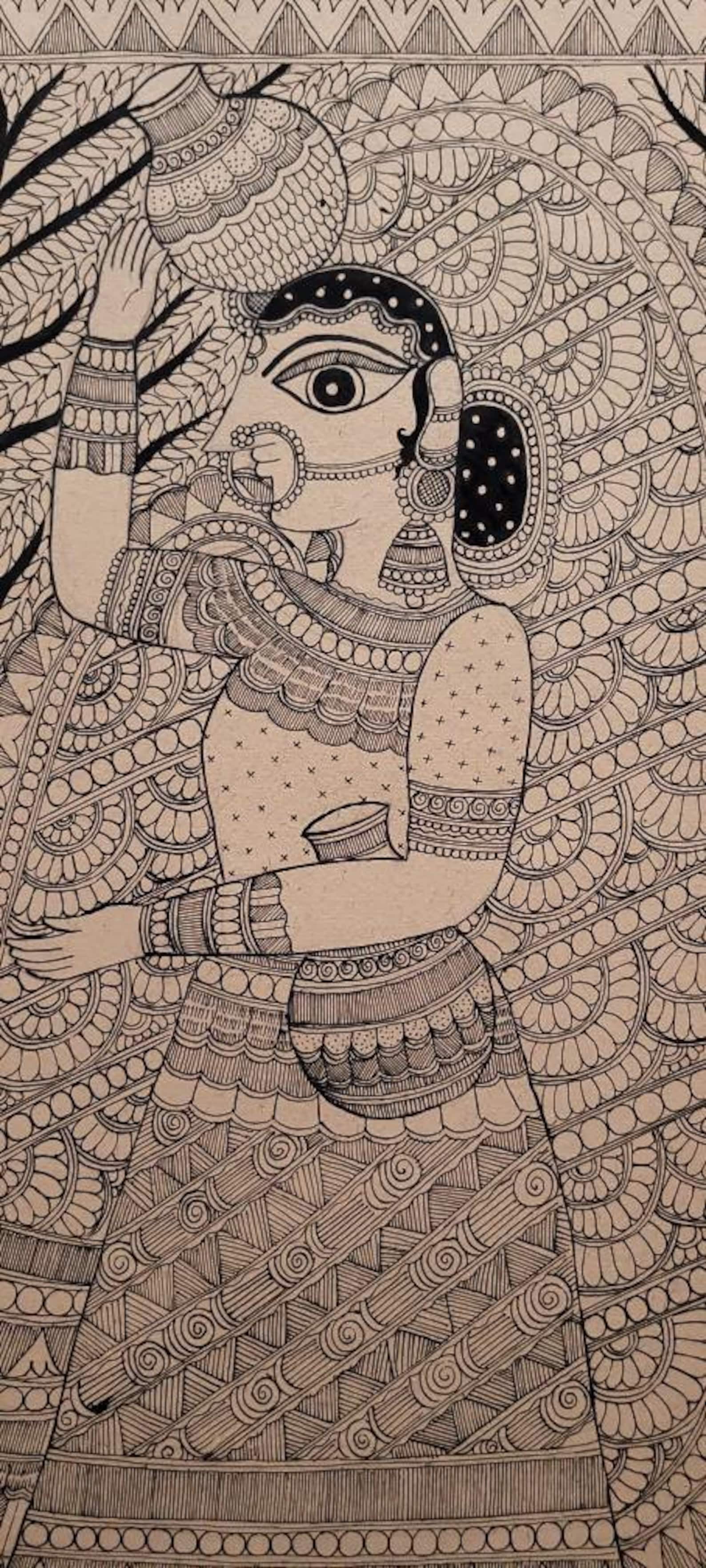 Indian Woman Carrying Water Pots, Madhubani Painting Handmade Preorder ...