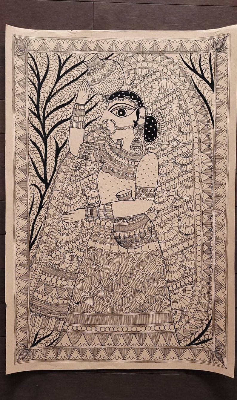 Indian Woman Carrying Water Pots, Madhubani Painting Handmade Preorder ...