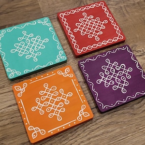 Handpainted Muggu coasters, Kolam coasters, Dot Rangoli coasters, Puja decor