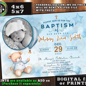 Teddy Bear BAPTISM Invitation, Christening, Baby Shower, Boy, Girl, Pink, Blue,  Digital File, JPEG,  With Photo