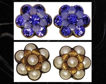 Michal Negrin Crystal Flower Stud Earrings Swarovski Rhinestones Floral Post Retro Victorian Vintage Daisy Handmade Jewelry Pearl Purple