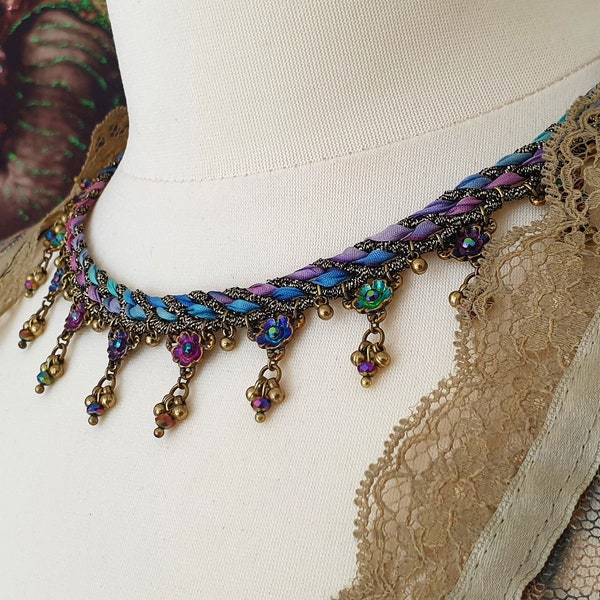 Michal Negrin Braided Necklace Tie-dye Purple Blue Flowers Crystals Retro Vintage Boho Handmade Jewelry Fabric Woven Lace Strands Chain