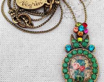 Michal Negrin Multicolor Victorian Crystals Pendant Necklace Rose cameo Swarovski Rhinestone Vintage Flower Handmade Jewelry '90s 1990s y2k