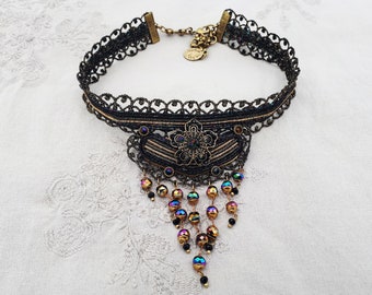 Michal Negrin Black Choker Necklace Crystals Beads Lace Victorian Retro Vintage Bib Swarovski Rhinestones Handmade Jewelry '90s 2000s Y2K