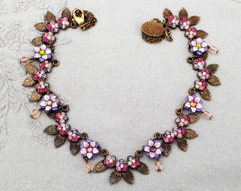 Michal Negrin Floral Necklace Pink Purple Swarovski Crystals Flowers Victorian Rhinestones Daisy Chain Vintage Bib Handmade Jewelry '90s Y2K