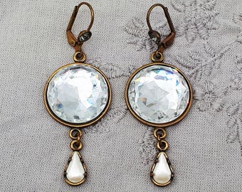 Michal Negrin Earrings Round Dangle Drop Silver Rhinestones Moon Crystals Victorian Antique Pearl Tears Retro Art Deco '80s Handmade Jewelry