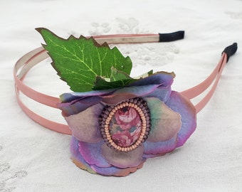 Michal Negrin Headband Purple Flower Victorian Cameo Retro Tiara Hair Accessory Floral Roses Beads Fabric Head Jewelry Vintage Handmade
