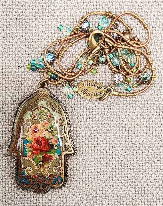 Michal Negrin Hamsa Pendant Necklace Victorian Roses Flowers
