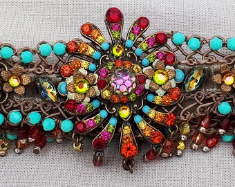 Michal Negrin Multicolor Crystals Bracelet Beaded Velvet Rhinestones Cuff Floral Victorian Vintage Swarovski Handmade Jewelry '90s 1990s Y2K