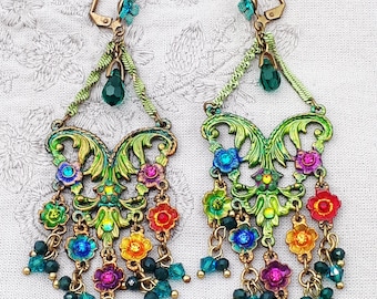 Michal Negrin Long Multicolor Floral Earrings Victorian Chandelier Crystal Flowers Dangle Drop Rhinestones Handmade Jewelry Y2K 2000s 1990s