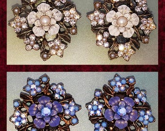 Michal Negrin Crystal Flowers Earrings Victorian Antique Swarovski Rhinestones Pearls Floral Handmade Jewelry Blue Peach 1990s '90s Y2K