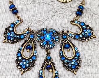 Michal Negrin Blue Victorian Floral Necklace Crystals Flowers Bib Swarovski Rhinestones Beads Vintage Handmade Jewelry '90s 1990s 2000s y2k