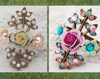 Michal Negrin Victorian Ring Crystals Rose Vintage Retro Antique Floral Swarovski Rhinestones Handmade Jewelry Cocktail Flower 1990s 2000s