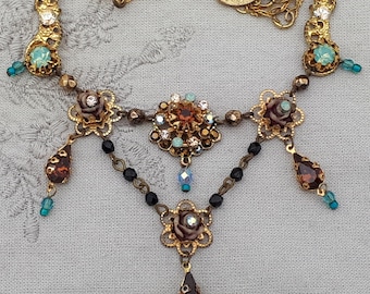 Michal Negrin Victorian Floral Necklace Crystals Flowers Roses Bib Swarovski Rhinestones Beads Teardrops Vintage Handmade Jewelry 1990s y2k