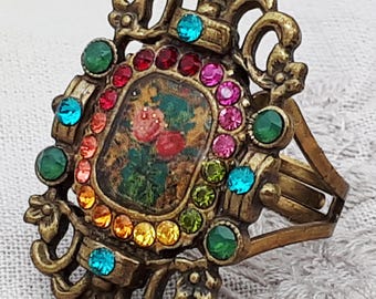 Michal Negrin Victorian Multicolor Crystals Flowers Ring Antique Vintage Swarovski Rhinestones Floral Roses Handmade Jewelry 1990s '90s y2k