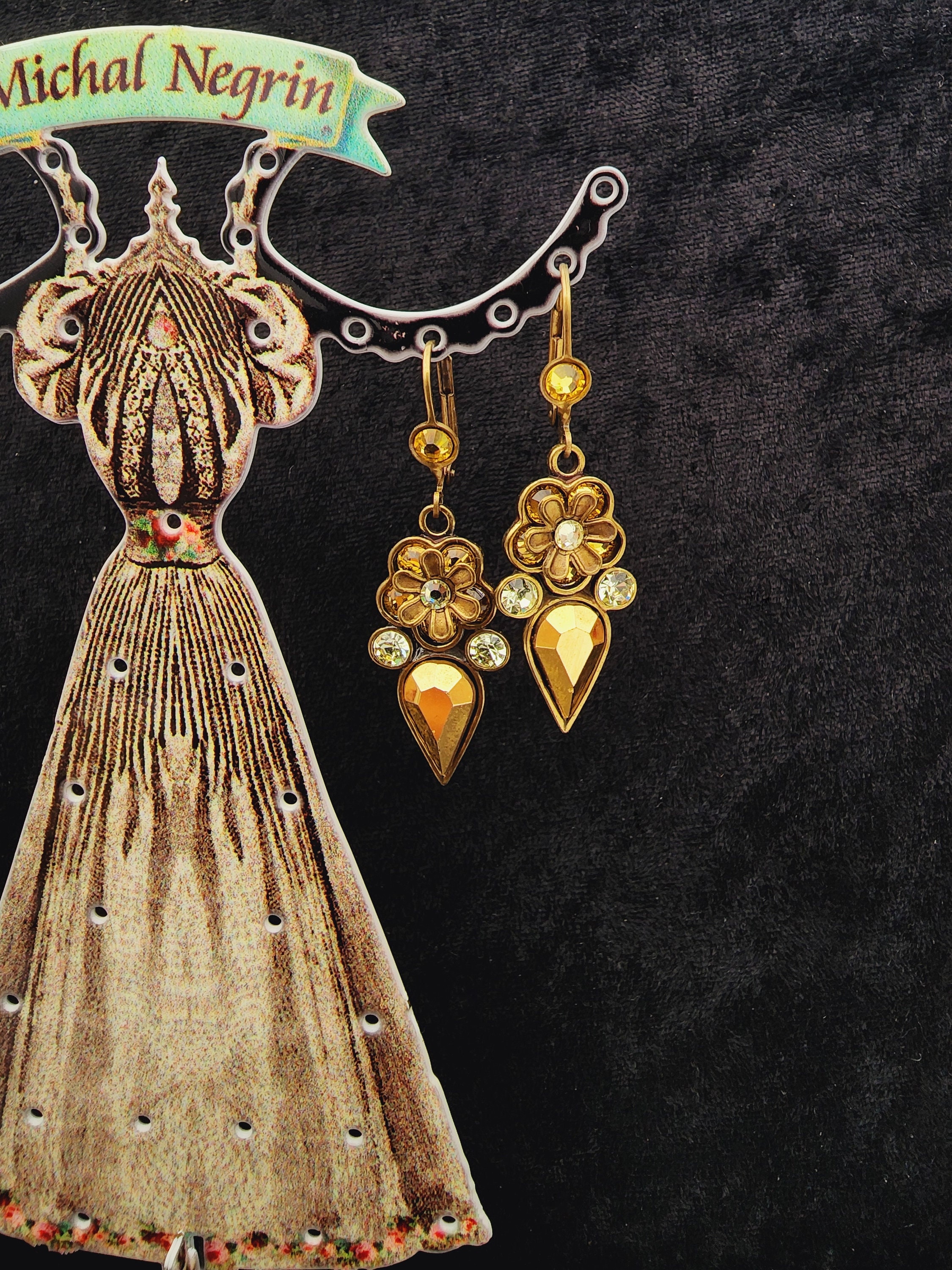 Michal Negrin Earrings Mirror Gold Crystal Tear Art Deco Floral
