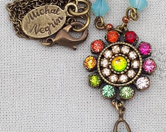Michal Negrin Multicolor Pendant Necklace Swarovski Crystals Rhinestone Flower Drop Retro Victorian Vintage Handmade Jewelry '90s 1990s y2k