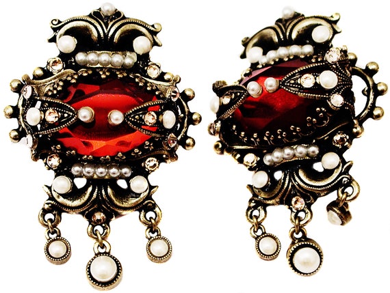 Michal Negrin Clip On Earrings Pearl Beads Red Rh… - image 2