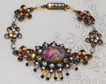 Michal Negrin Victorian Bracelet Crystal Beads Roses Cabochon Cameo Vintage Antique Flowers Swarovski Rhinestones Handmade Jewelry 1990s y2k