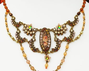 Michal Negrin Victorian Necklace Rose Cameo Crystal Beads Antique Art Deco Nouveau Beaded Rhinestones Floral Handmade Jewelry 1990s 2000s