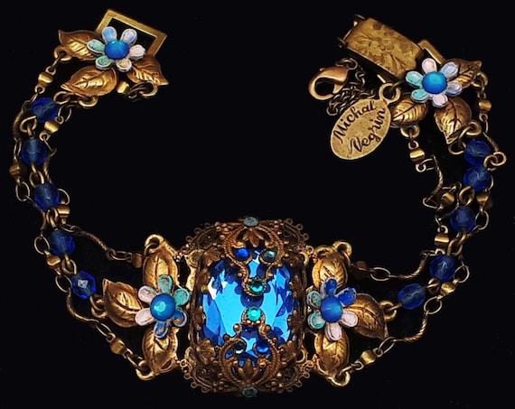Michal Negrin Blue Bracelet Crystal Flowers Beaded Victorian Antique Art Deco Edwardian Swarovski Rhinestones Handmade Jewelry Y2K 1990s