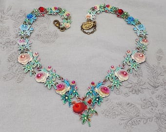 Michal Negrin Multicolor Roses Necklace Lasercut Swarovski Crystal Victorian Antique Rainbow Floral Vintage Handmade Jewelry 1990s 2000s y2k