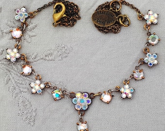 Michal Negrin Vintage Crystal Star Flowers Necklace Swarovski Rhinestones Chain Bib '90s Y2K Victorian Aurora Borealis Handmade Jewelry