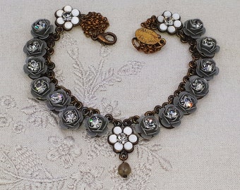 Michal Negrin Necklace Silver Roses Swarovski Crystals Retro Floral Chain Gray Bib Victorian Flowers Vintage Rhinestones Handmade Jewelry