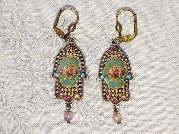 Michal Negrin Hamsa Earrings Victorian Roses Crystal Beads Dangle