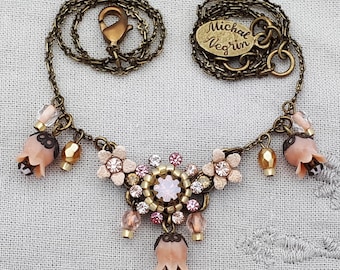 Michal Negrin Necklace Floral Lily Bells Crystal Rhinestones Beads Pendant Victorian Vintage Antique Handmade Jewelry Pink Peach 1990s 2000s