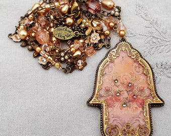Michal Negrin Hamsa Pendant Necklace Victorian Roses Flowers Antique Vintage Beaded Chain Floral Good Luck Handmade Jewelry 1990s '90s y2k