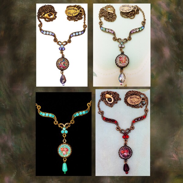 Michal Negrin Necklace Rose Cameo Miniature Round Crystal Pendant Chain Victorian Antique Edwardian Art Deco Vintage Retro Floral Jewelry