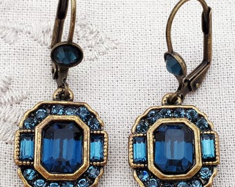 Michal Negrin Blue Crystal Earrings Art Deco Victorian Dangle Drop Swarovski Rhinestones Vintage Handmade Jewelry '90s 1990s y2k 2000s