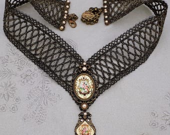 Michal Negrin Lace Necklace Victorian Roses Cameo Bib Floral Antique Vintage Pearl Beads Crystals Choker Handmade Jewelry 1990s '90s y2k
