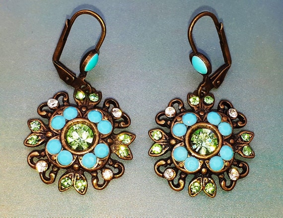 Michal Negrin Earrings Crystal Beads Flower Dangl… - image 1