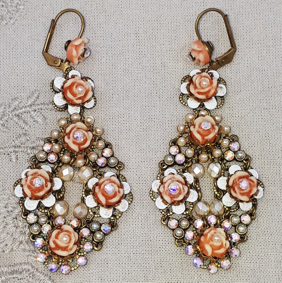 Michal Negrin Earrings Victorian Roses Crystal Pe… - image 1