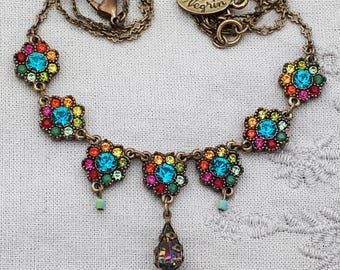 Michal Negrin Multicolor Victorian Floral Necklace Crystals Flowers Bib Swarovski Rhinestones Vintage Handmade Jewelry '90s y2k 1990s 2000s