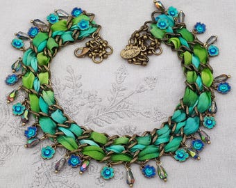 Michal Negrin Green Turquoise Crystal Flowers Woven Choker Necklace Vintage Braided Victorian Handmade Jewelry Fabric Strands Chain '90 y2k
