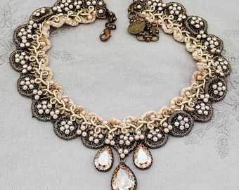 Michal Negrin Choker Necklace Victorian Lace Peach Crystals Pearl Beads Bib Antique Vintage Handmade Jewelry Wedding Bridal Party '90s 2000s