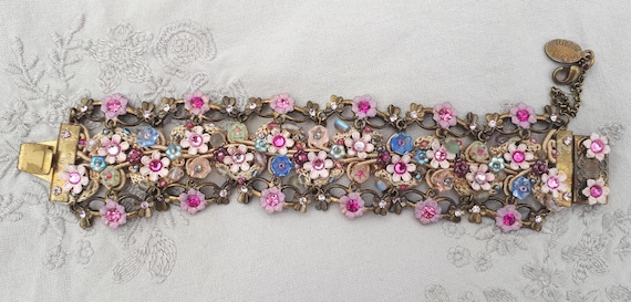 Michal Negrin Pink Crochet Bracelet Crystal Flowers Beaded Victorian Antique Woven Fabric Floral Cuff Swarovski Handmade Jewelry 1990s 2000s