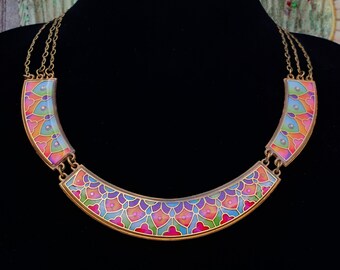 Michal Negrin Bib Necklace Multicolor Vitrage Inspired Links Tiffany Stained Glass Style Art Nouveau Crystals Handmade Jewelry 1990s y2k