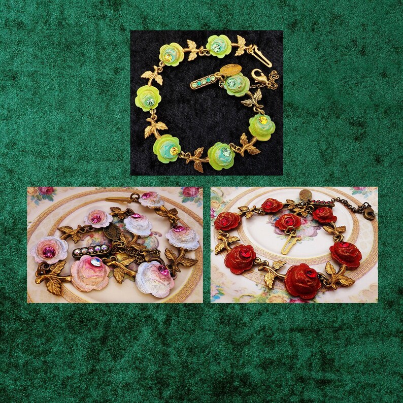 Michal Negrin Roses Bracelet Victorian shops Crystal Flowers Links Antique Edwardian Retro Vintage Boho Floral Rhinestones Jewelry Green Pink Red