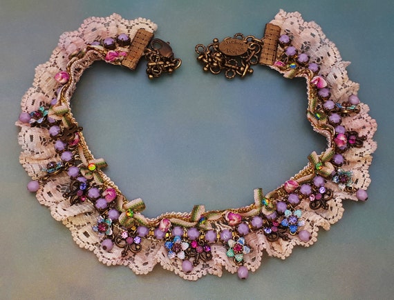 Michal Negrin Lace Necklace Victorian Pink Purple… - image 1