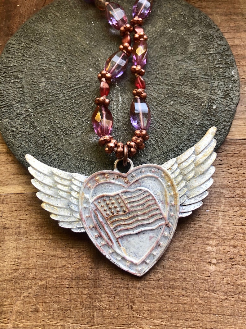 Independence Day pastel pink aesthetic Americana USA flag heart with wings painted pendant with knotted Czech glass and vintage brass chain