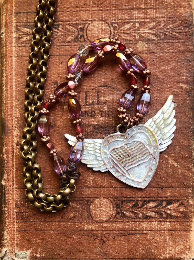 Independence Day pastel pink aesthetic Americana USA flag heart with wings painted pendant with knotted Czech glass and vintage brass chain