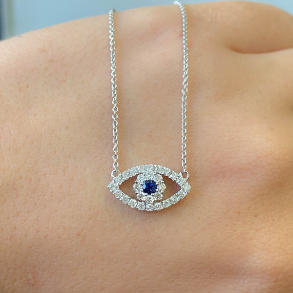 18kt White Gold Evil Eye Diamond and Sapphire Pendant Necklace