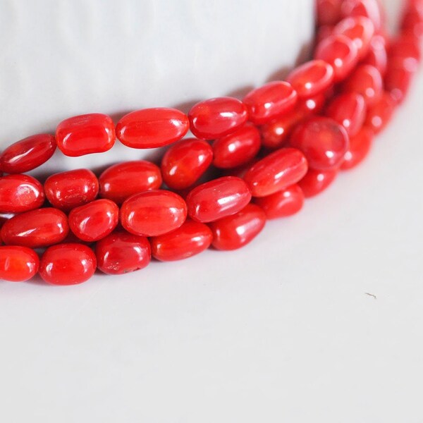 perle ovale corail rouge, perles corail, corail rouge,corail naturel, fil 40cm,9-13mm, X1, G0670