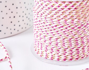 Light pink braided cord with gold thread, 1.5mm-2mm, multicoloured scrapbooking cord, decorative rope, x 1 Meter G8123