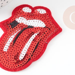 Embroidered iron-on patch with red sequin mouth, clothing customization, embroidered iron-on patch, 67mm, X1 G3072